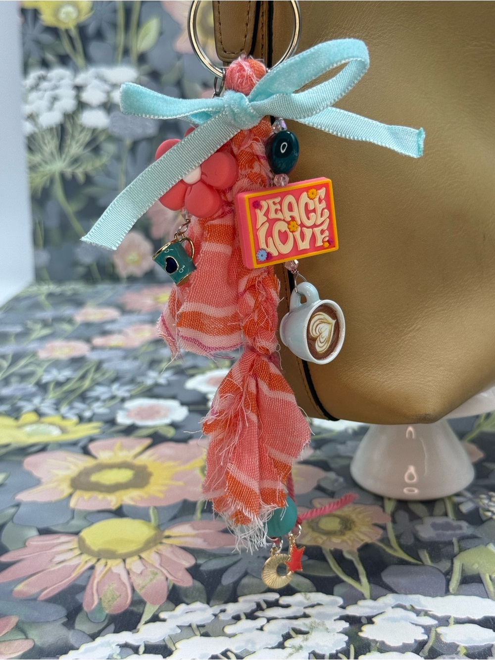 Adorned Crown Jewelry purse bag charm keychain peace love coffee fabric tassel
